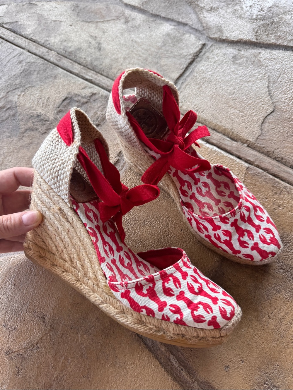 Tory Burch Lobster Print Wedge Wrap Espadrilles Ankle Tie Canvas EU 35 US 5